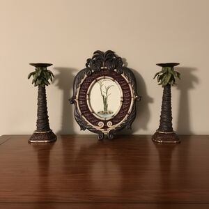 Vintage Style Ornate Heavy Palm Frame & Candle Holders Bronze Set Frame Set